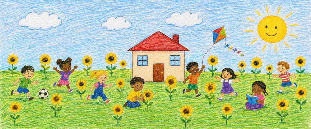Kleurpotloodtekening van kinderen die spelen rond een villa met zonnebloemen en zon