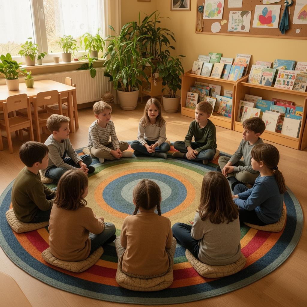 Kinderen in praatronde op een kleurrijk tapijt